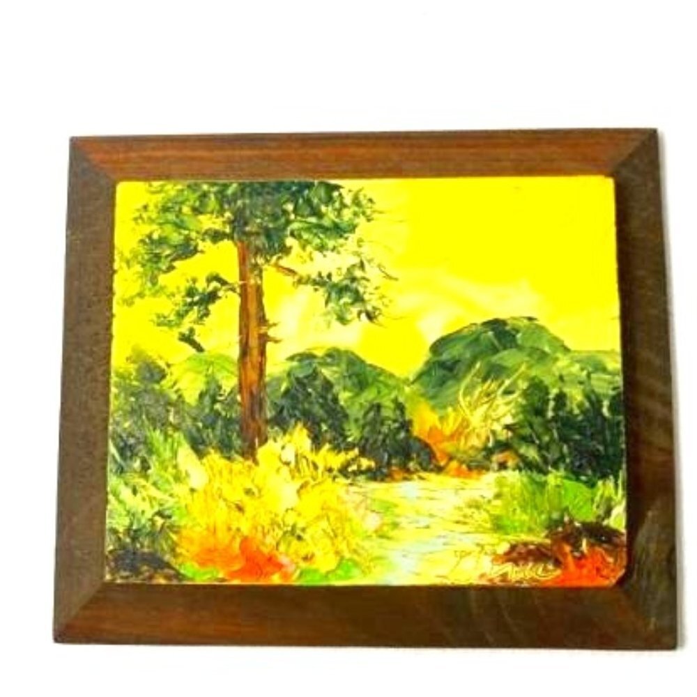 Vtg Oil‎ Painting Landscape on Wood Signed Vibrant Textured